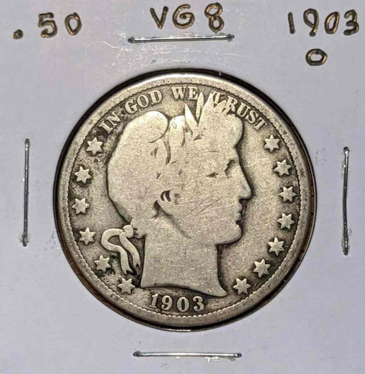 1903 O Barber Half coin, 90% silver, with intricate details and unique "O" mintmark.