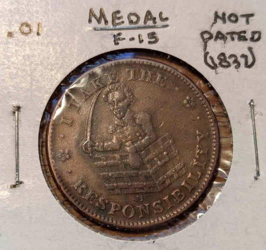 (1837) HT-70 I Take the Responsibility Hard Times collector token in packaging.