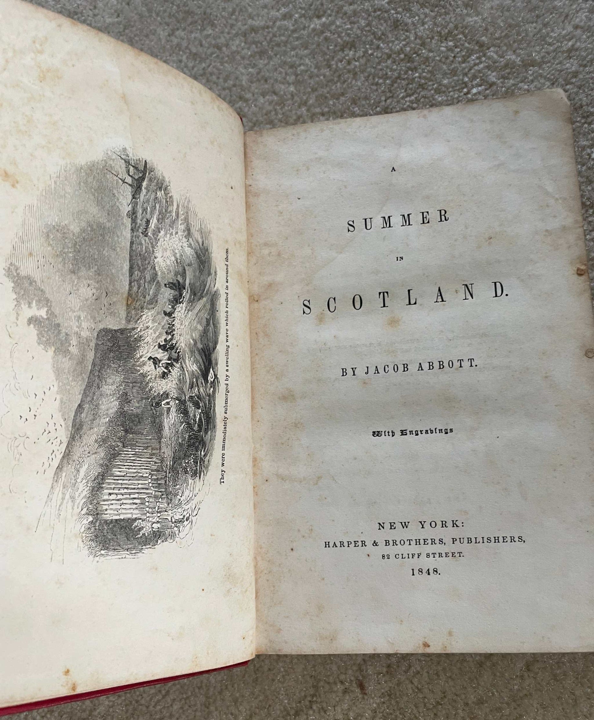 1848 1st Edition JACOB ABBOTT "A Summer in Scotland" by Jacob Abbott with red cover and ornate design.