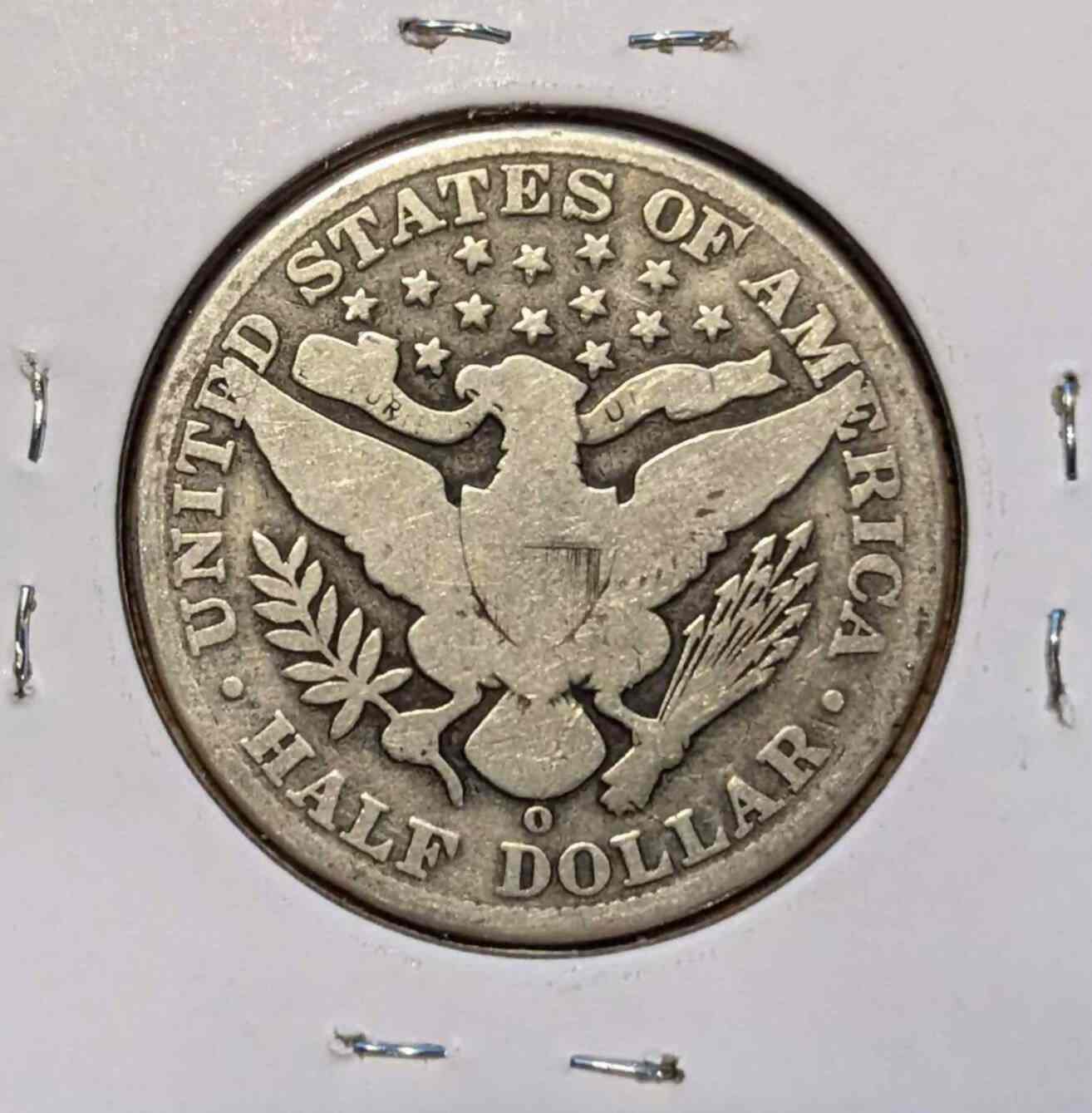 1903 O Barber Half Dollar coin, 90% silver, "O" mintmark, reverse side with eagle design.