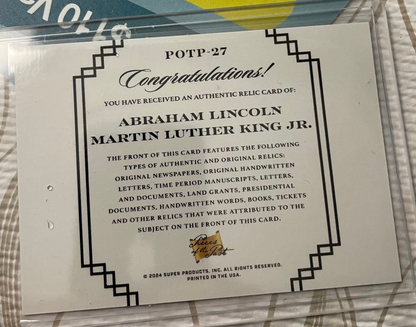 Abraham Lincoln and Martin Luther King Jr. dual relic card with authentic handwritten manuscript fragment from Abraham Lincoln and vintage writings from MLK Jr.