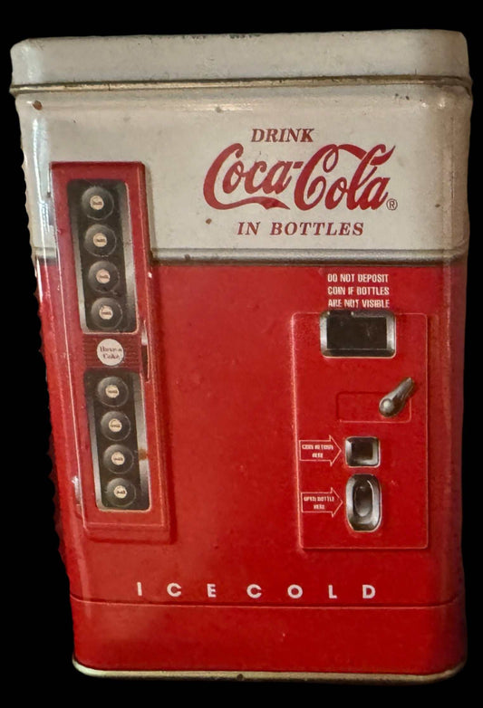 1997 Coca Cola collectible tin shaped like a vintage Coke vending machine measuring 8x6x4 inches