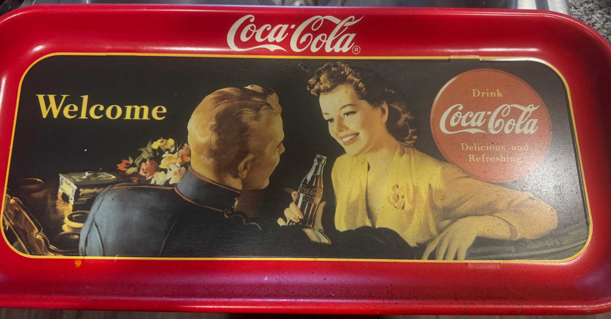 Vintage 1991 Coca Cola welcome tray with retro couple illustration and classic branding in excellent condition