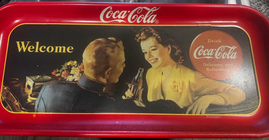 Vintage 1991 Coca Cola welcome tray with retro couple illustration and classic branding in excellent condition