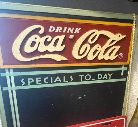 Vintage Coca-Cola 3D wood chalkboard sign with classic red and cream logo and space for daily specials messages