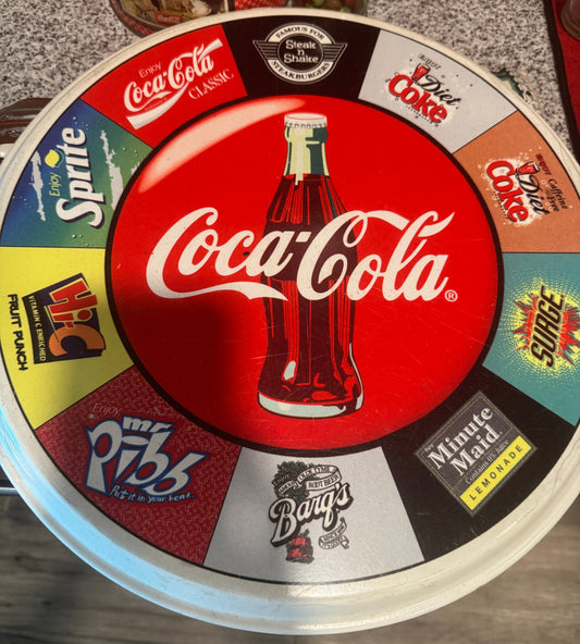 Vintage Coca-Cola round ice bucket lid with 1990s drink logos and Steak ’n Shake branding