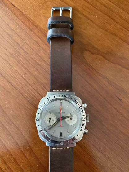 Vintage Festina Incabloc Chronograph Valjoux 7733 38mm watch with silver dial and leather band.