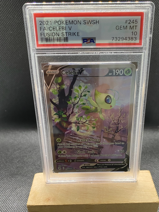 Fusion Strike Celebi V Alternate Full Art card in protective case.