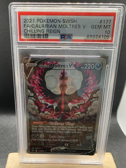 Galarian Moltres V PSA 10 Chilling Reign card with full art design.