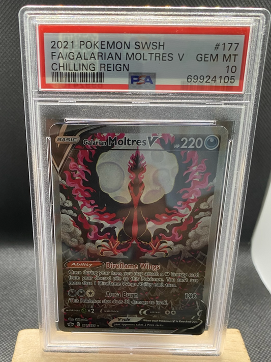 Galarian Moltres V PSA 10 Chilling Reign card with full art design.