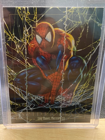 1992 Marvel Masterpieces Skybox Spider-Man #87 card in protective case, featuring vibrant artwork.
