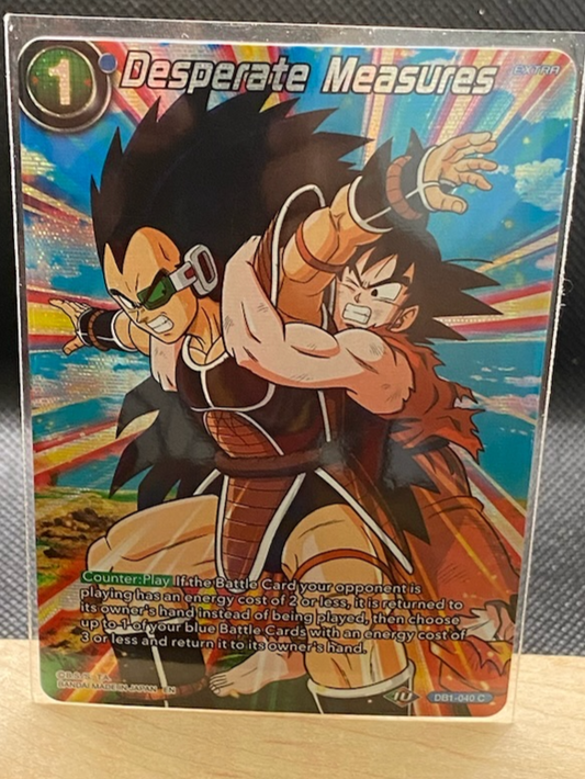 Dragon Ball Super Desperate Measures trading card featuring iconic anime characters in action.
