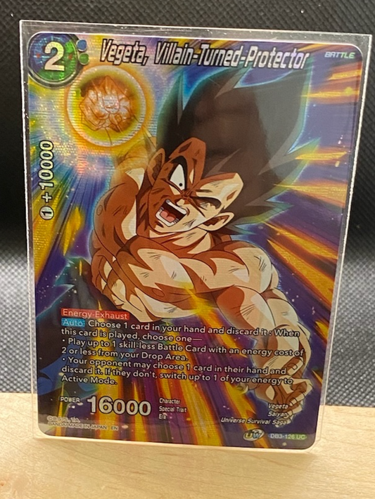 Vegeta card from Dragon Ball Super CCG in NM condition, featuring villain turned protector theme.