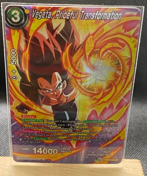 Vegeta Prideful Transformation yellow BT10-106 SR Dragon Ball Super Rare Battle Card with holographic finish and blocker skill