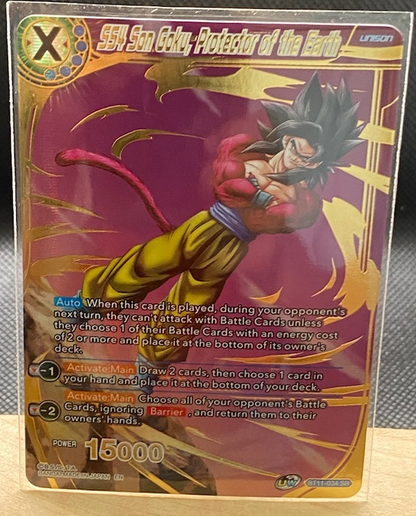 Dragon Ball Super Card Game SS4 Sun Goku Protector Of Earth Unison SR trading card with Super Saiyan 4 transformation artwork