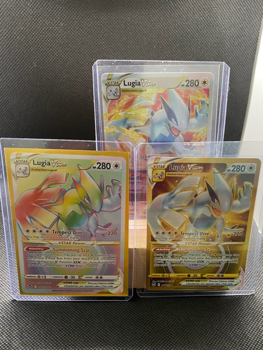 Lugia VSTAR lot of 3 rainbow and gold secret rare cards, full art, near mint condition.