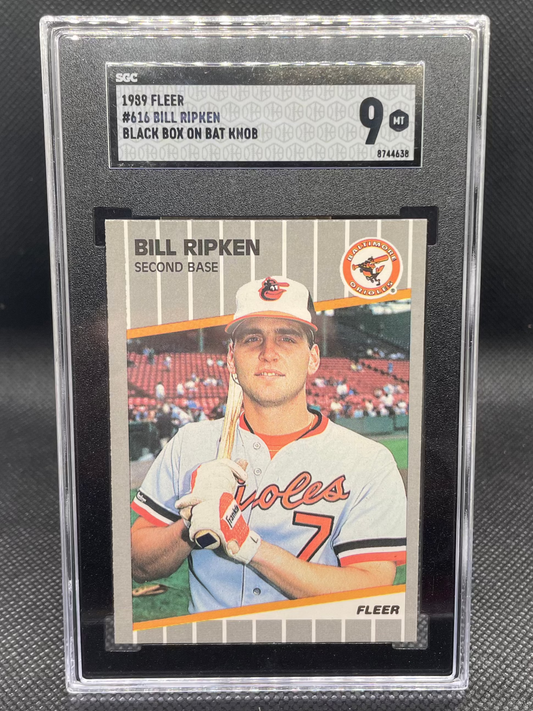 1989 Fleer GLOSSY Bill Ripken FF Black Box Error Card #616, SGC 9 Mint, rare collectible.
