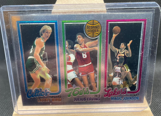 1996 Topps chrome reprint featuring Julius Erving, Larry Bird, and Magic Johnson rookie card.
