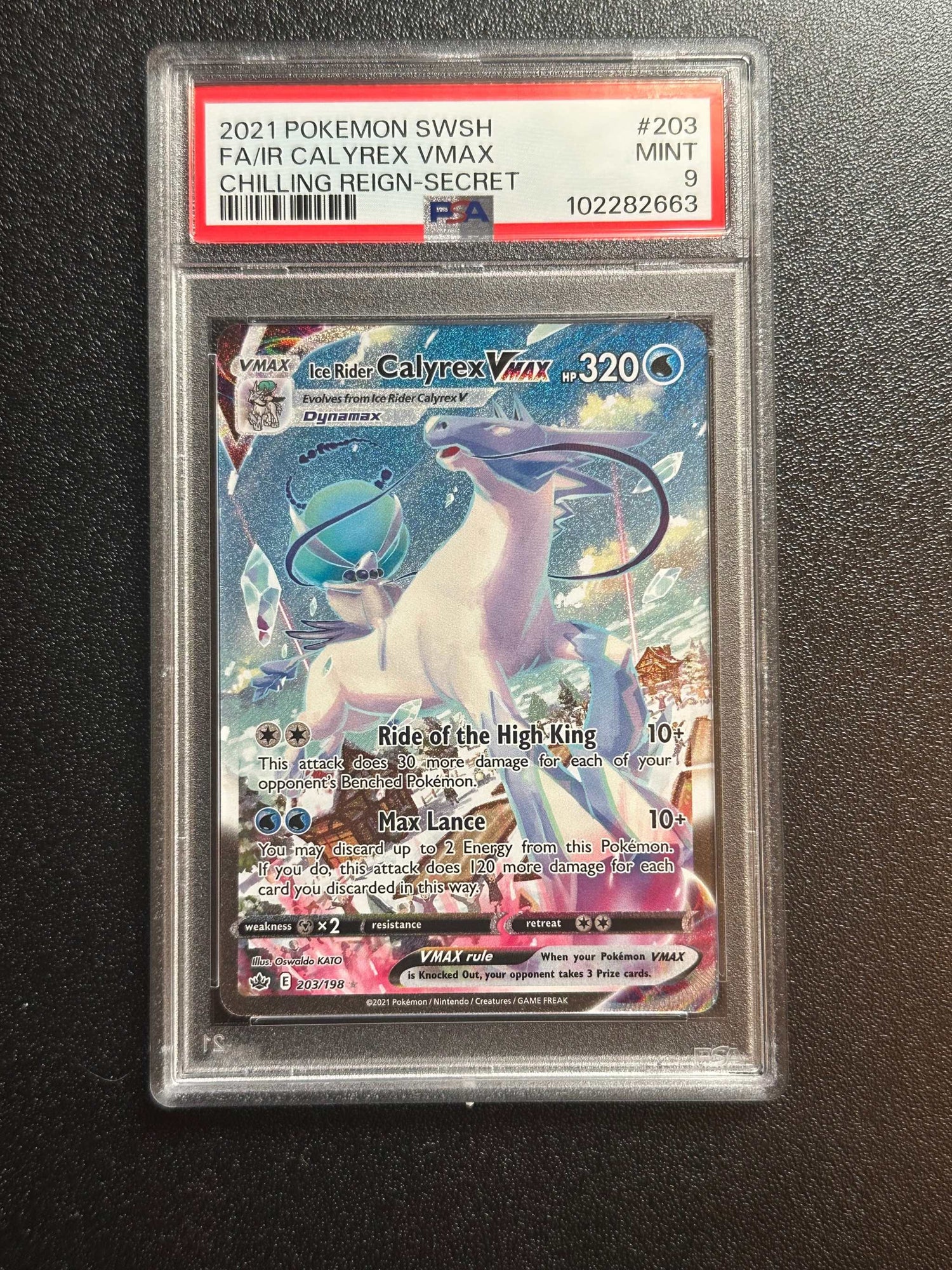 2021 Pokémon Chilling Reign Ice Rider Calyrex VMAX PSA 9 Alt Art card.