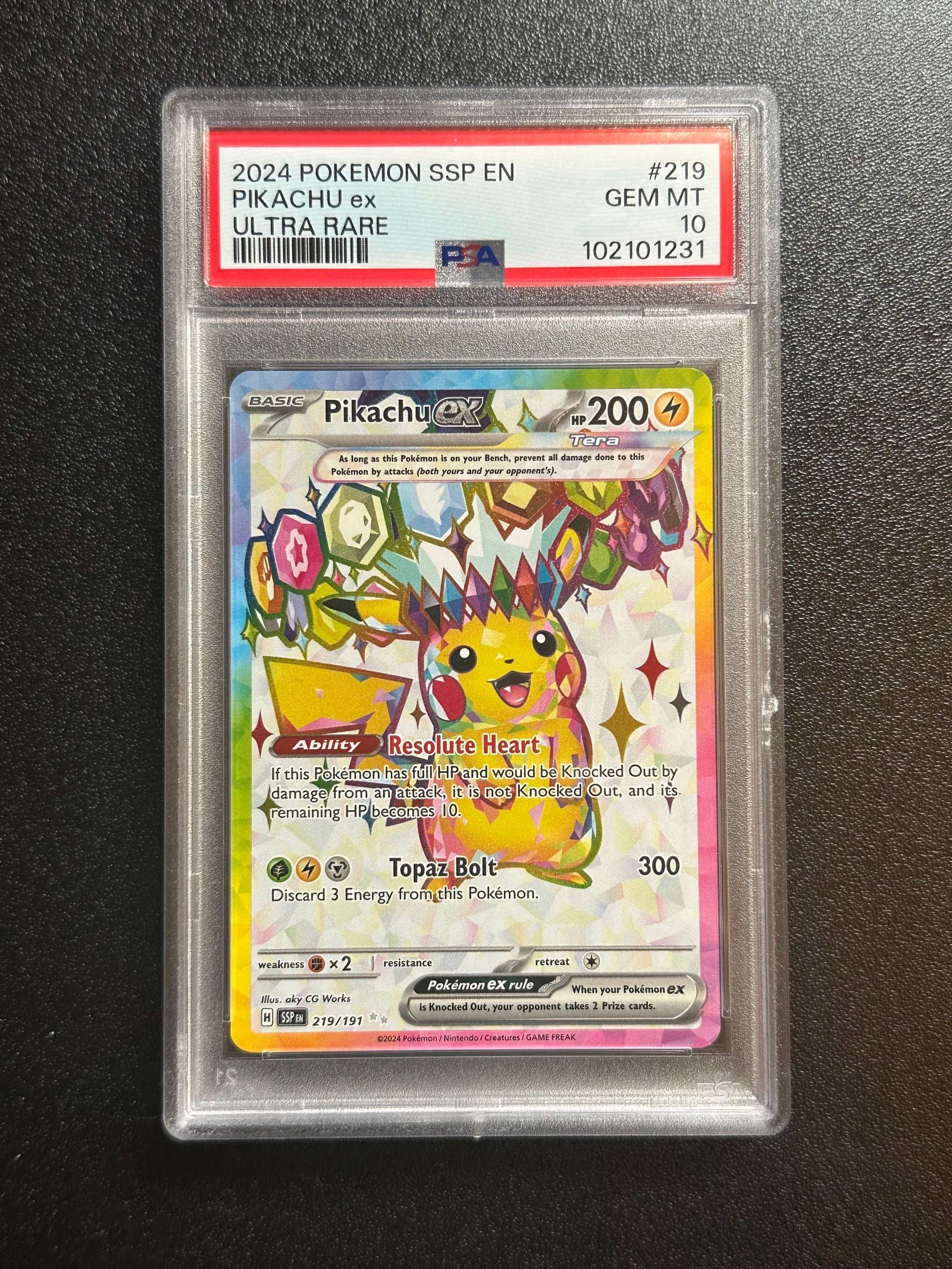 PSA 10 Pokémon Surging Sparks Pikachu ex Full Art Ultra Rare card 219/191.