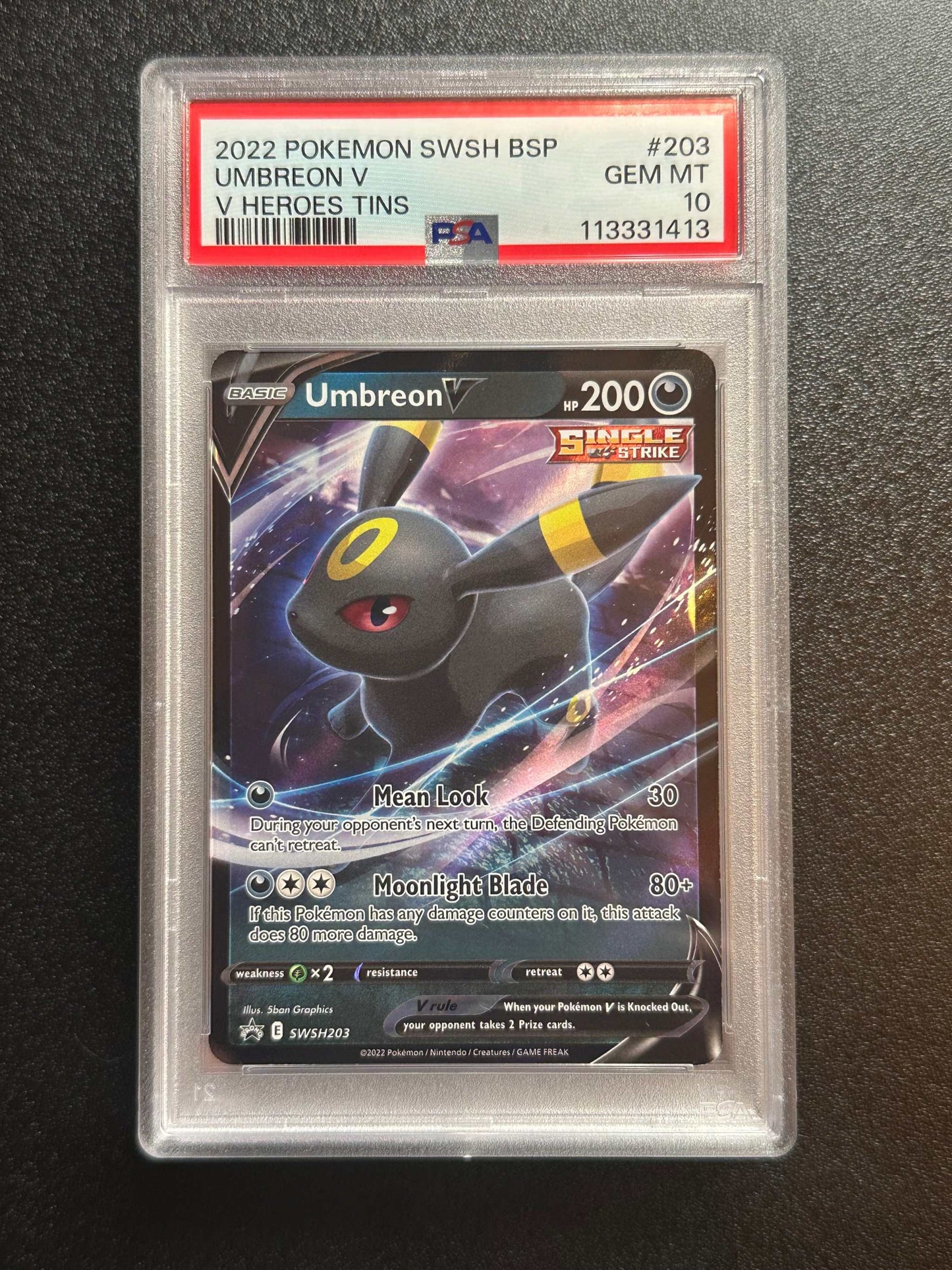 Umbreon V PSA 10 Mint 2021 V Heroes Tin Card #203 with brilliant foil artwork.
