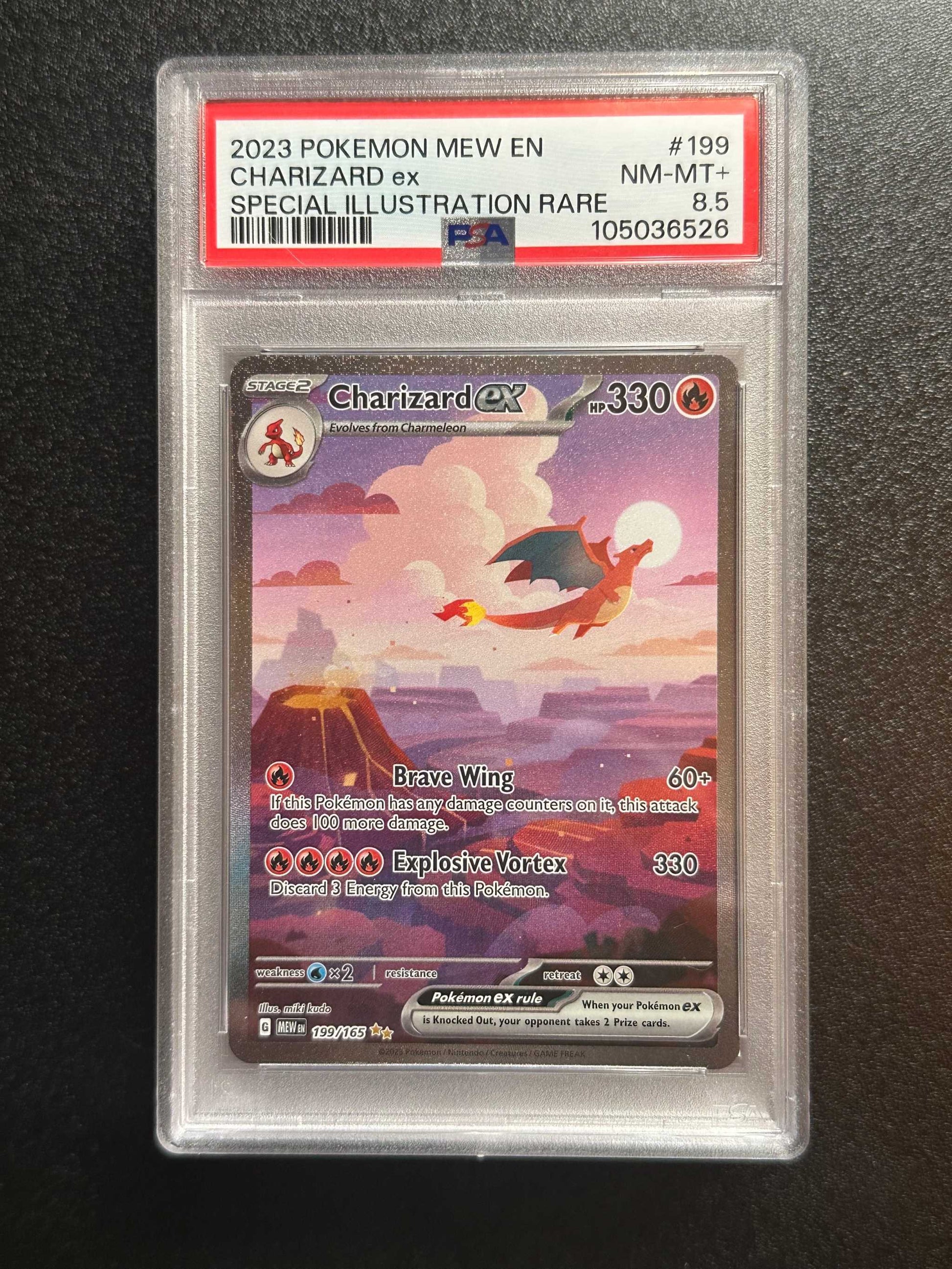 2023 Pokémon Charizard ex #199 Special Illustration Rare PSA 8.5 card, vibrant art.