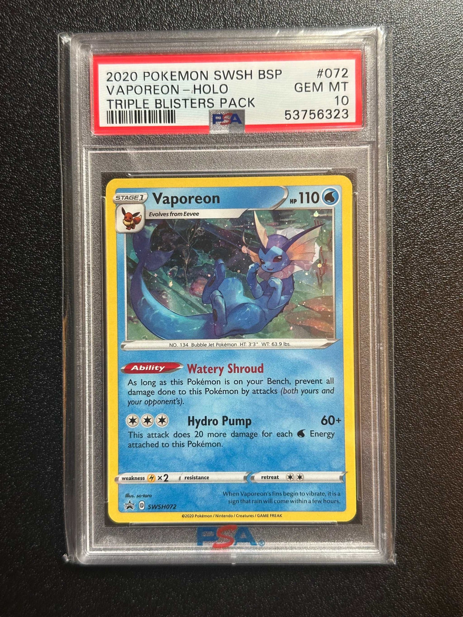 PSA 10 Vaporeon SWSH072 Blister Pack Promo Graded Card holofoil.