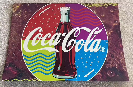 Circa 1995 Coca-Cola vintage promo sign with colorful design on durable cardboard.