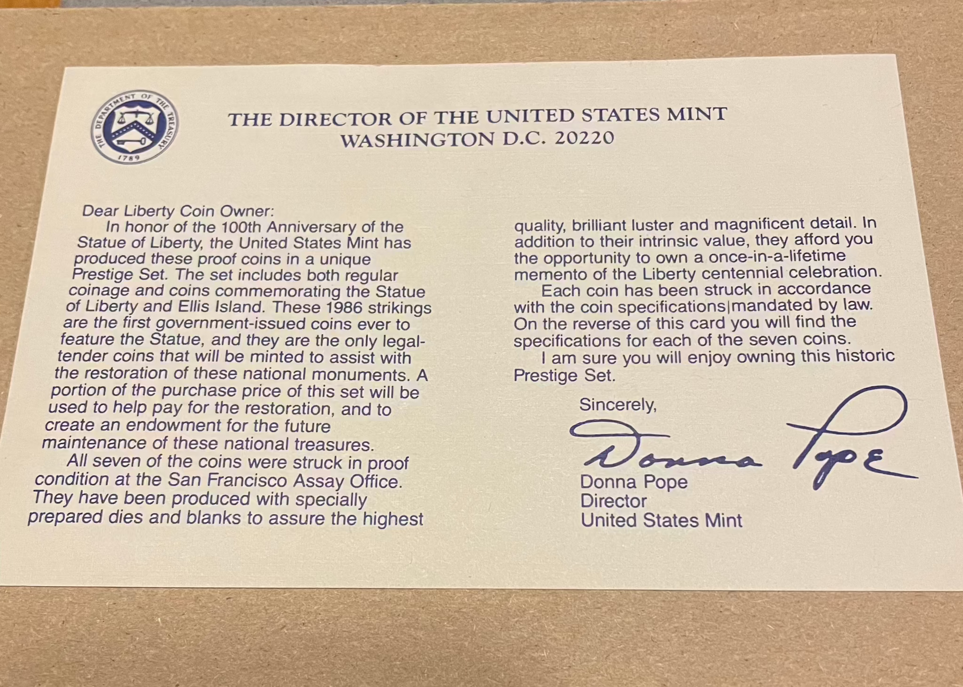 1986 United States Proof Prestige Set with 90% silver coins and Certificate of Authenticity.