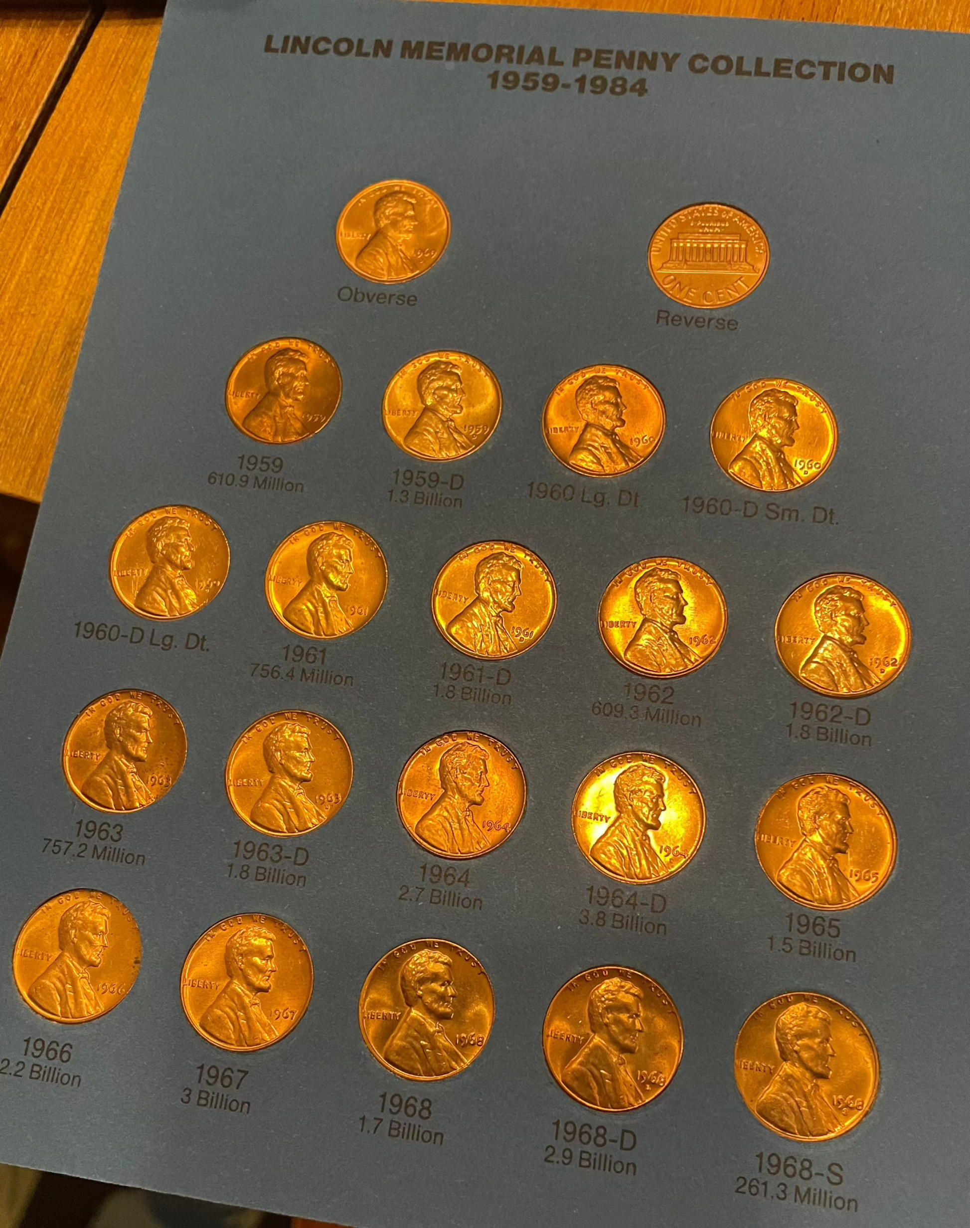 Collector's lot of penny books with Lincoln Memorial pennies from 1959 to 1984 on display.