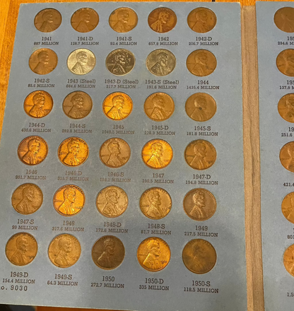 Collector's lot of penny books featuring Indian Head pennies and near-mint 1943 steel cents bonus.