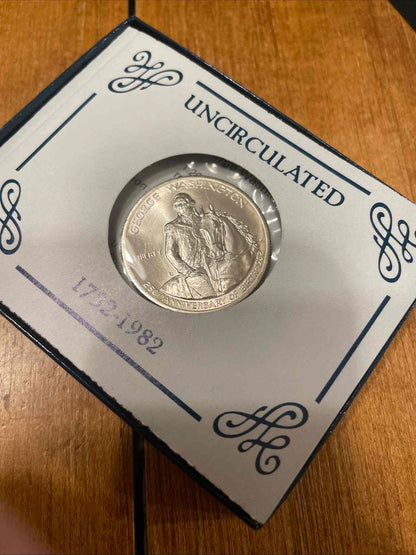 1982 George Washington 250th Anniversary .90% silver half dollar coin in uncirculated condition.