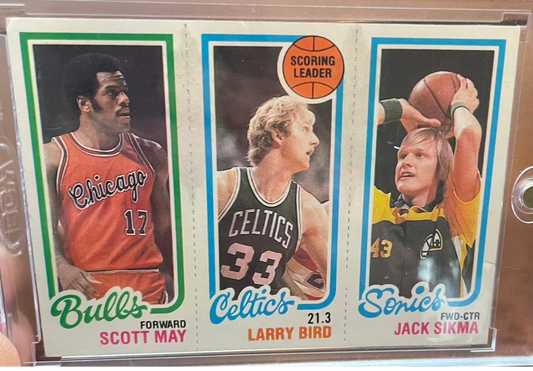 1980-81 Topps basketball rookie card featuring Larry Bird, Jack Sikma, and Scott May.