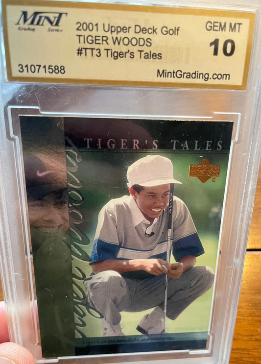 Tiger Woods Upper Deck 2001 Tiger's Tales Golf Rookie Card #TT3 graded 10.