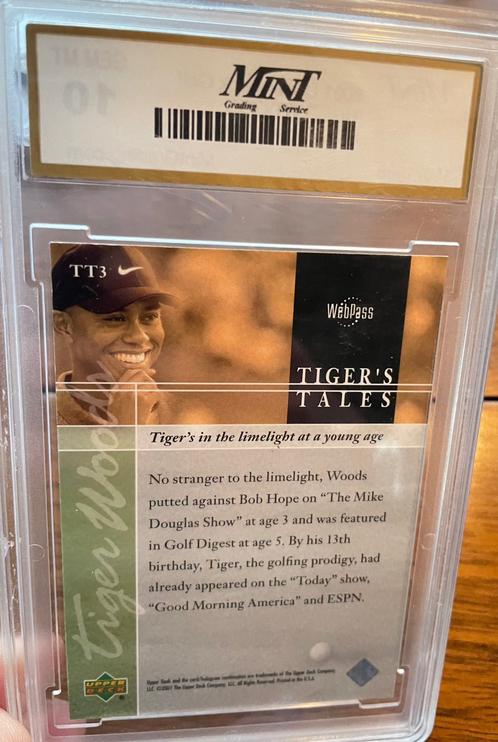 Tiger Woods Upper Deck 2001 Tiger's Tales Golf Rookie Card #TT3 Graded 10.