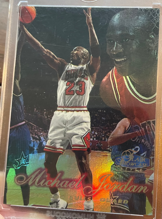 1998 Fleer Flair Showcase Michael Jordan trading card with dynamic action shot.