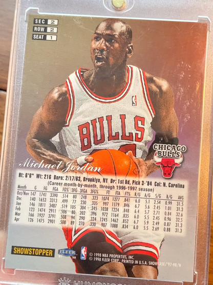 1998 Fleer Flair Showcase Michael Jordan basketball card, Section 2 Row 2 Seat 1.
