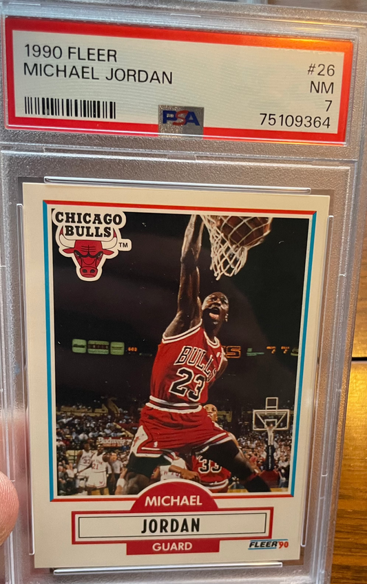 1990 Fleer Michael Jordan Chicago Bulls HOF PSA 7 NM trading card.