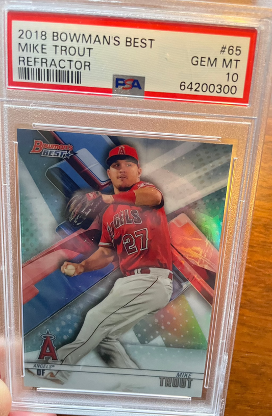 2018 Bowman's Best Mike Trout #65 PSA 10 GEM MT baseball card collectible.
