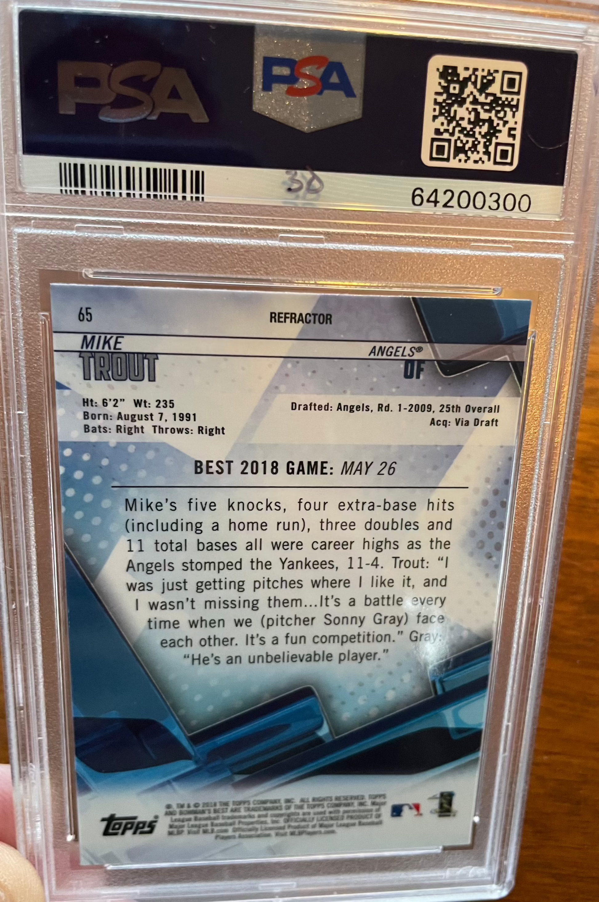 2018 Bowman's Best Mike Trout #65 PSA 10 GEM MT baseball card collectible.