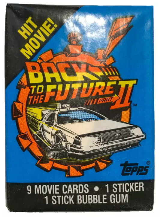 1989 Topps Back to the Future 2 sealed wax pack, featuring 9 cards and 1 sticker.