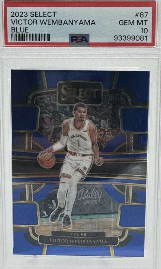 2023-24 Panini Select #87 Victor Wembanyama Concourse Blue RC Spurs PSA 10 basketball card.