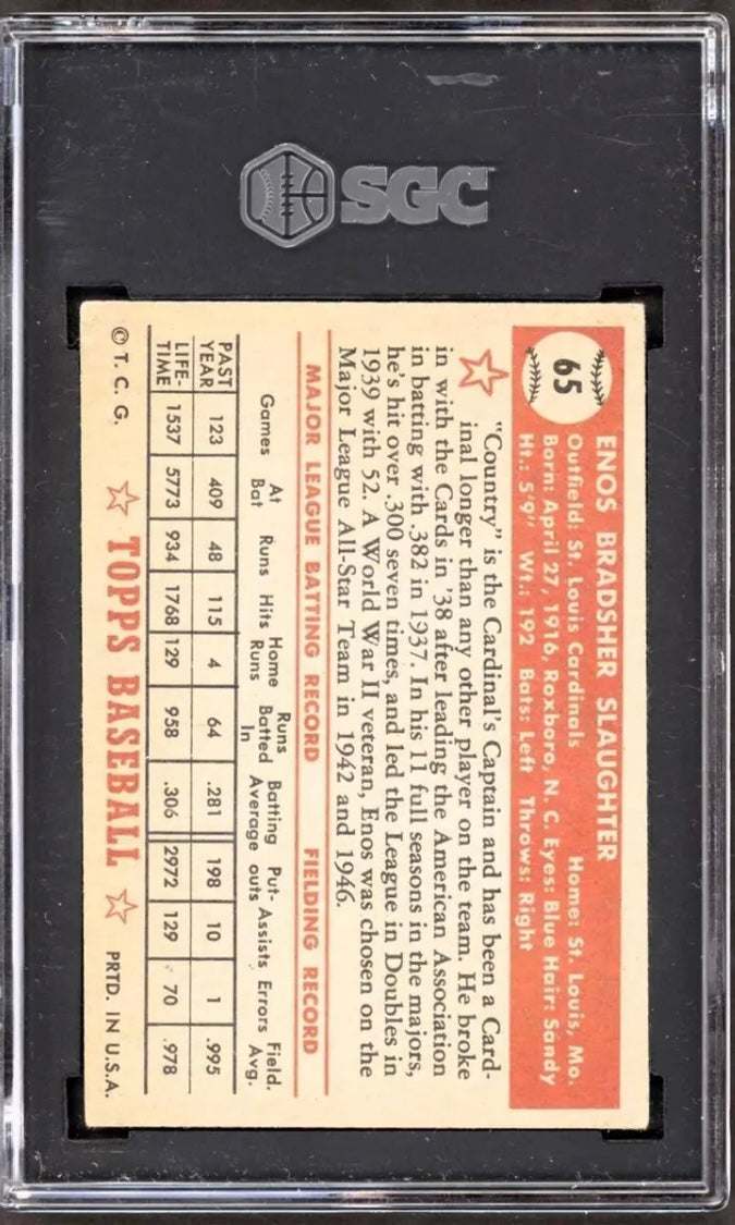 Enos Slaughter 1952 Topps baseball card, graded SGC 4, featuring stats and career highlights.