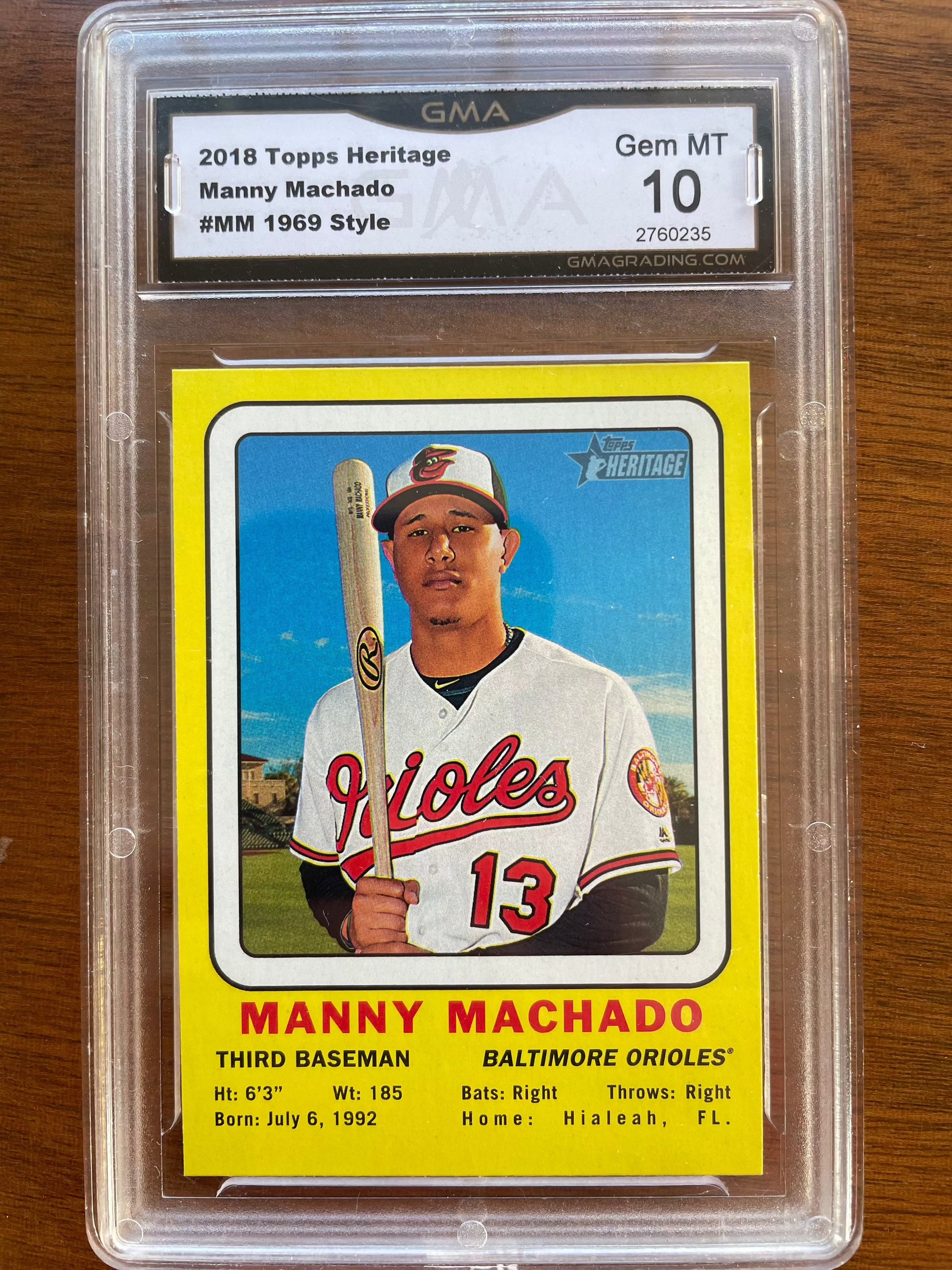 2018 Topps Heritage 1969 Manny Machado Target GMA 10 Gem Mint collector card.