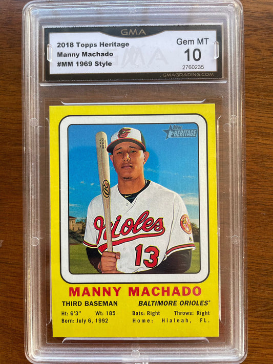 2018 Topps Heritage 1969 Manny Machado Target GMA 10 Gem Mint collector card.