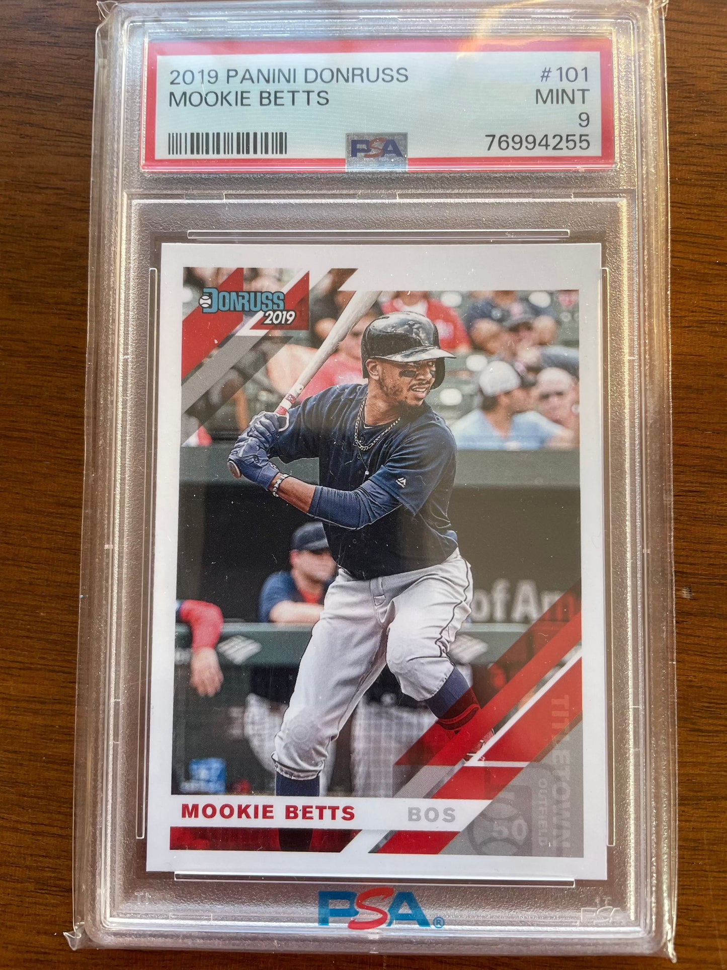 2019 Donruss #101 Mookie Betts Base Variation SP Dark Jersey PSA 9 card in case.