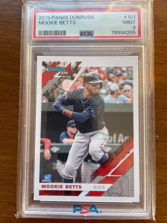 2019 Donruss #101 Mookie Betts Base Variation SP Dark Jersey PSA 9 card in case.
