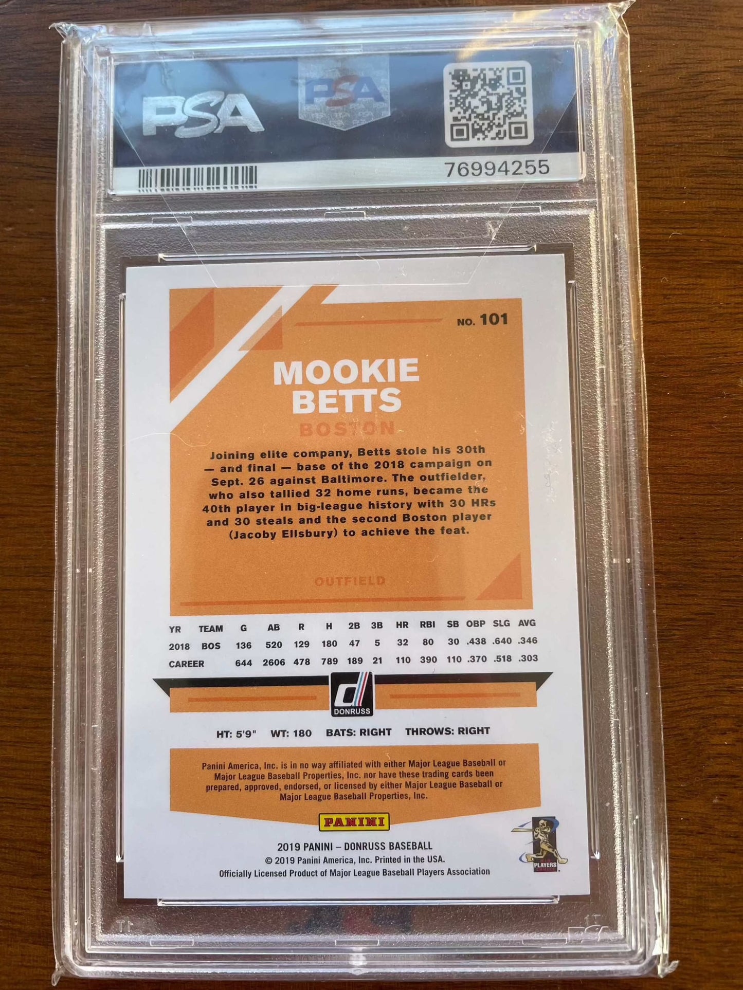 2019 Donruss #101 MOOKIE BETTS Base Variation SP Dark Jersey PSA 9 collectible card.