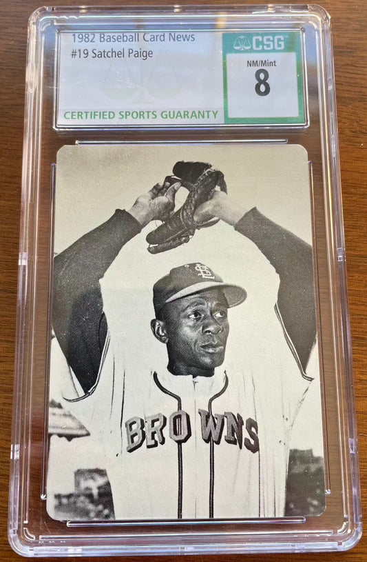 1982 Baseball Card News featuring Satchel Paige #19 HOF, collectible baseball card history.