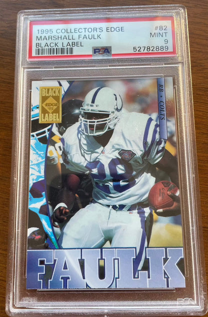 Edge Black Label 82 Marshall Faulk PSA 9 football card in protective case.
